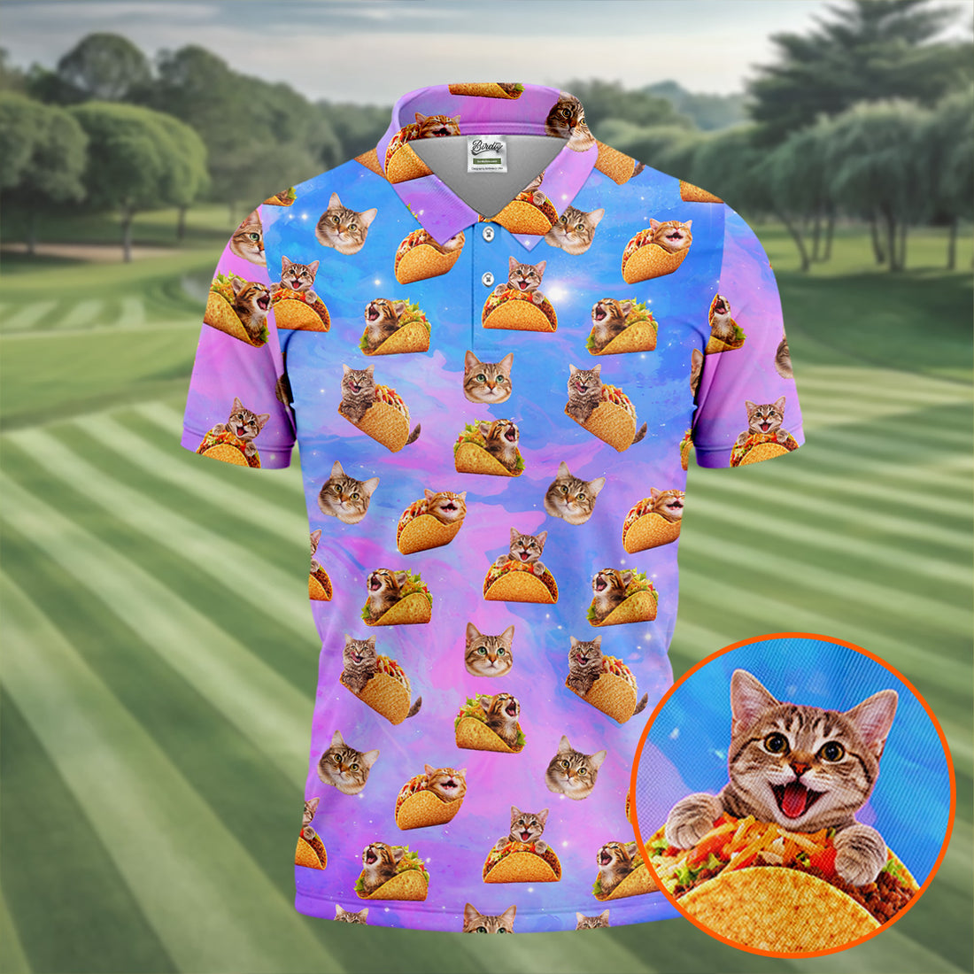 Funny Taco Cat Galaxy Pattern Golf Shirt, Mens Golf Apparel, Polo Shirts For Men