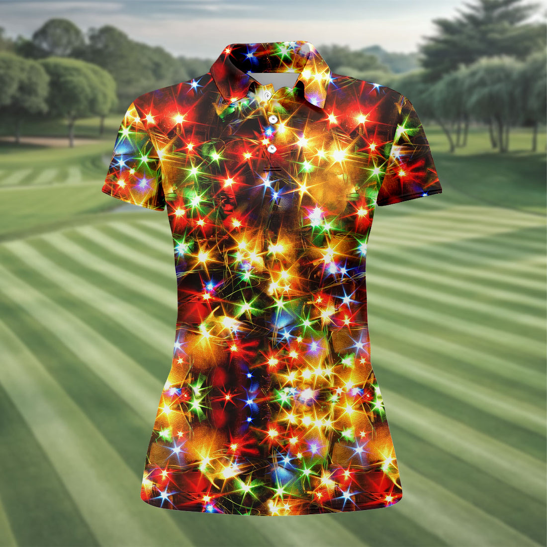 Colorful Christmas Lights Women's Golf Tops, Christmas Golf Shirt, Ladies Golf Polos, Golf Gift For Ladies