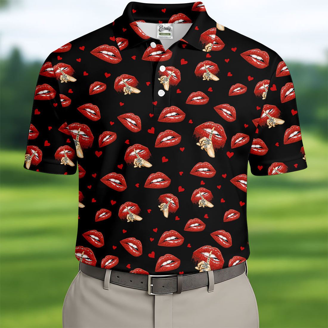 Sassy Red Lips Golf Shirt, Funny Valentine Pattern Design, Men's Golf Polo