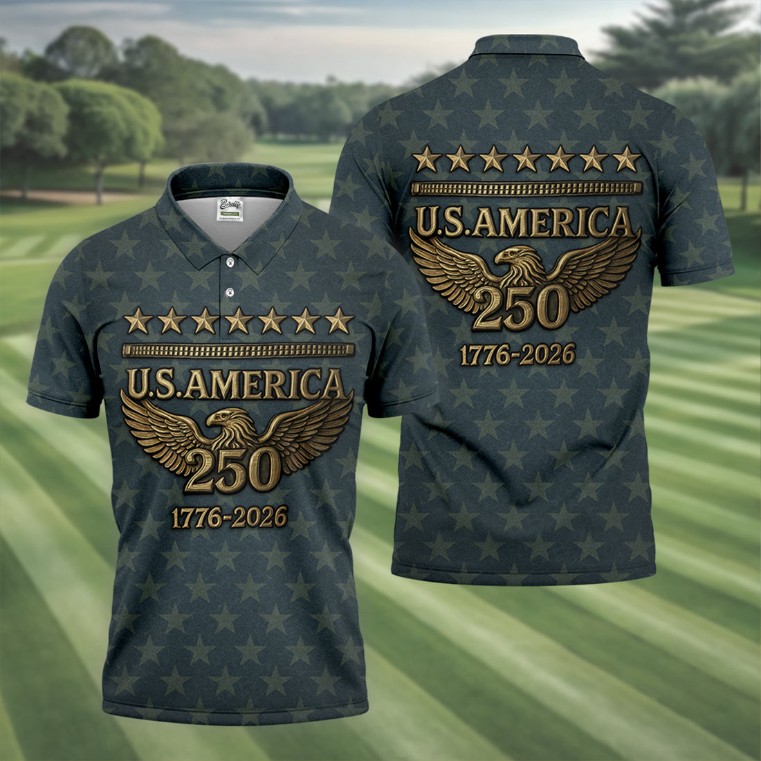 US America 250th Anniversary Denim Color Star Pattern Golf Tops For Men, Patriotic Golf Shirt, Golf Shirts For Men