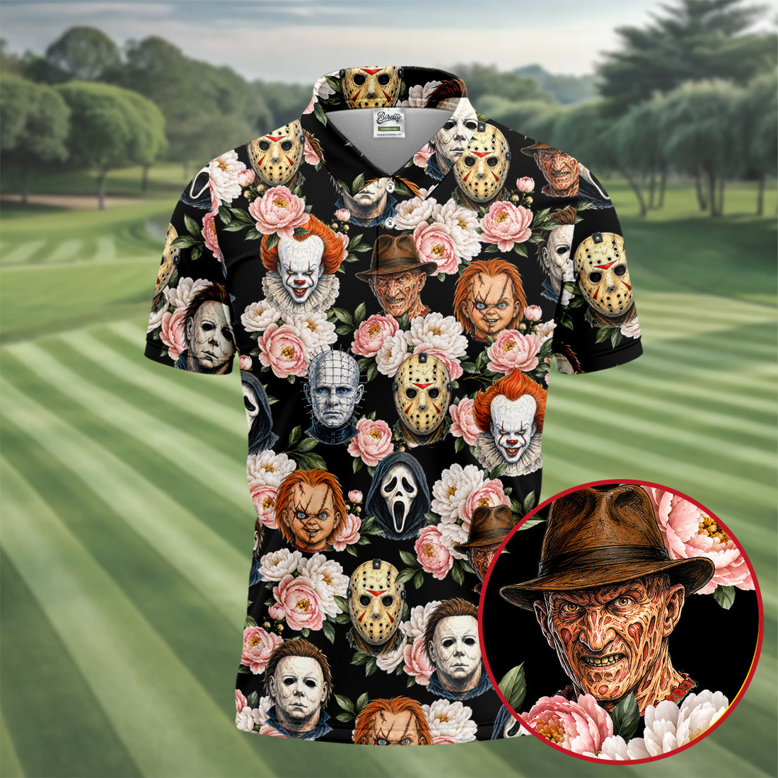 Horror Icons Floral Hawaiian Golf Shirt, Men's Golf Shirt, Printed Golf Shirts