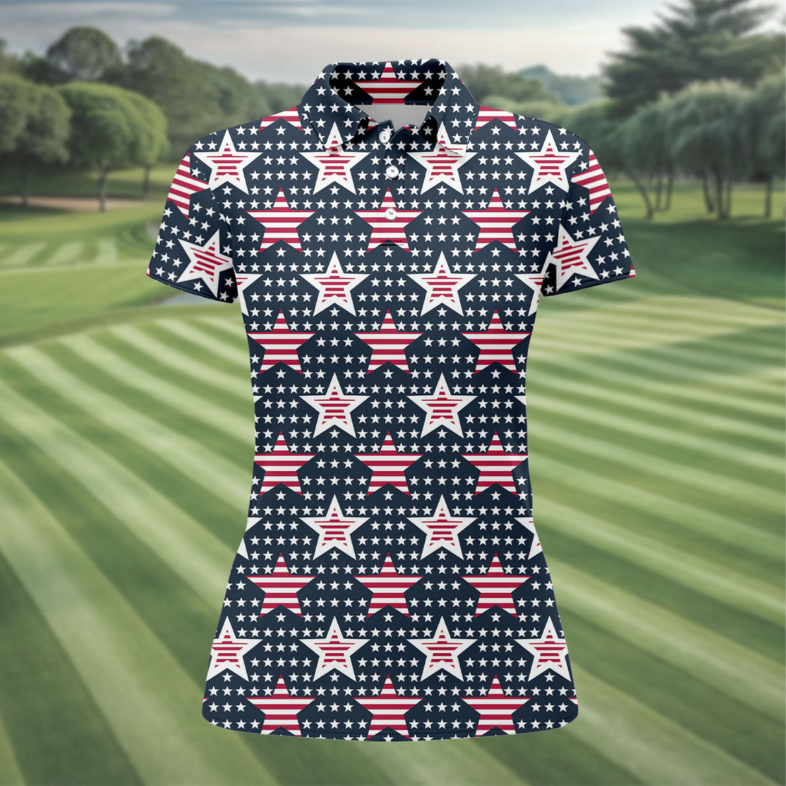 Red And White Stripe Stars Seamless Pattern 250th Anniversary Golf Shirt For Women, Patriotic Golf Shirt