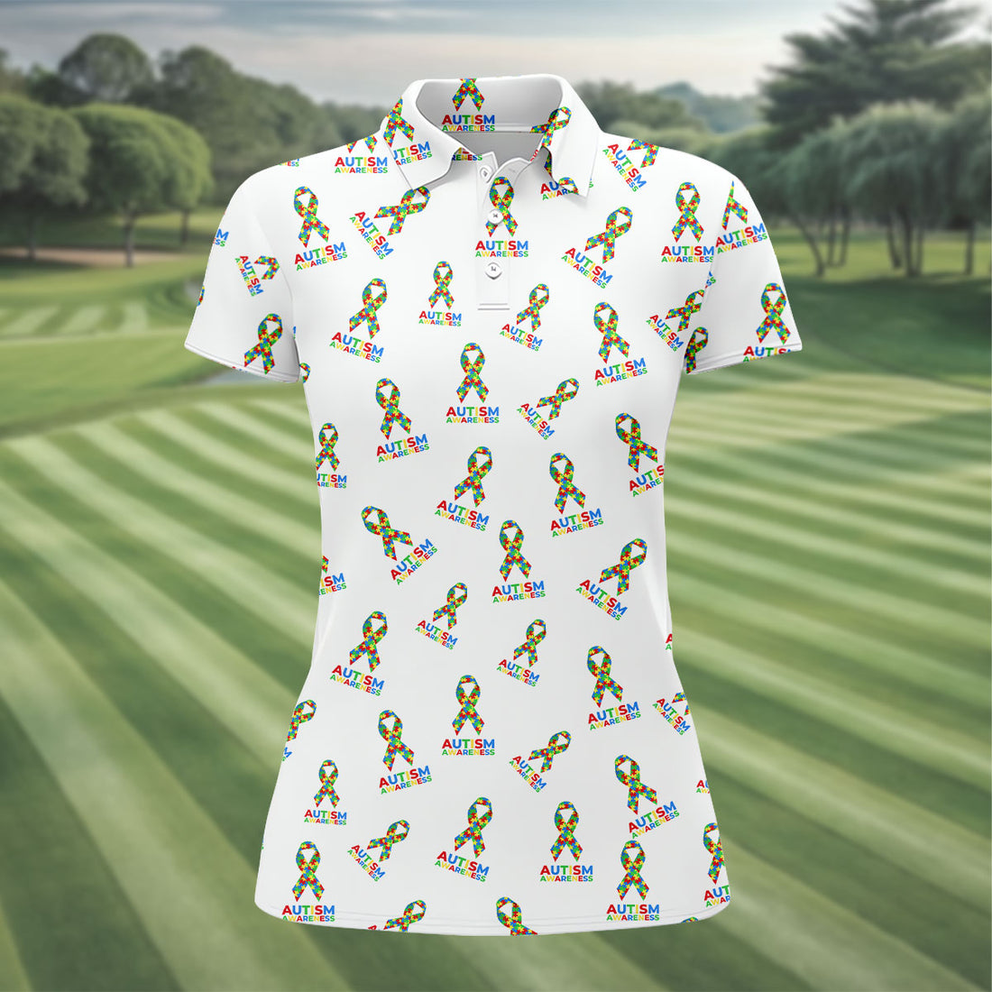 Autism Awareness Colors Autism Ribbon White Golf Shirt, Women's Golf Tops, Ladies Golf Polos