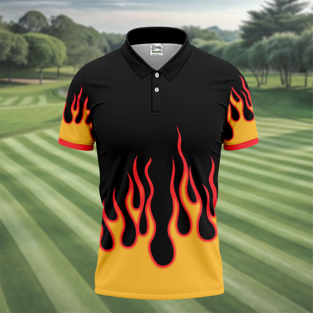 Black Red Yellow Flame Sleeve Golf Shirt, Hawaiian Golf Shirt, Mens Golf Shirts