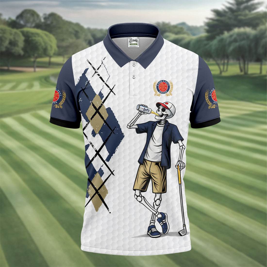 Funny Skeleton Golfer Drinking Beer Polo Shirt, Mens Golf Polo, Golf Apparel For Men