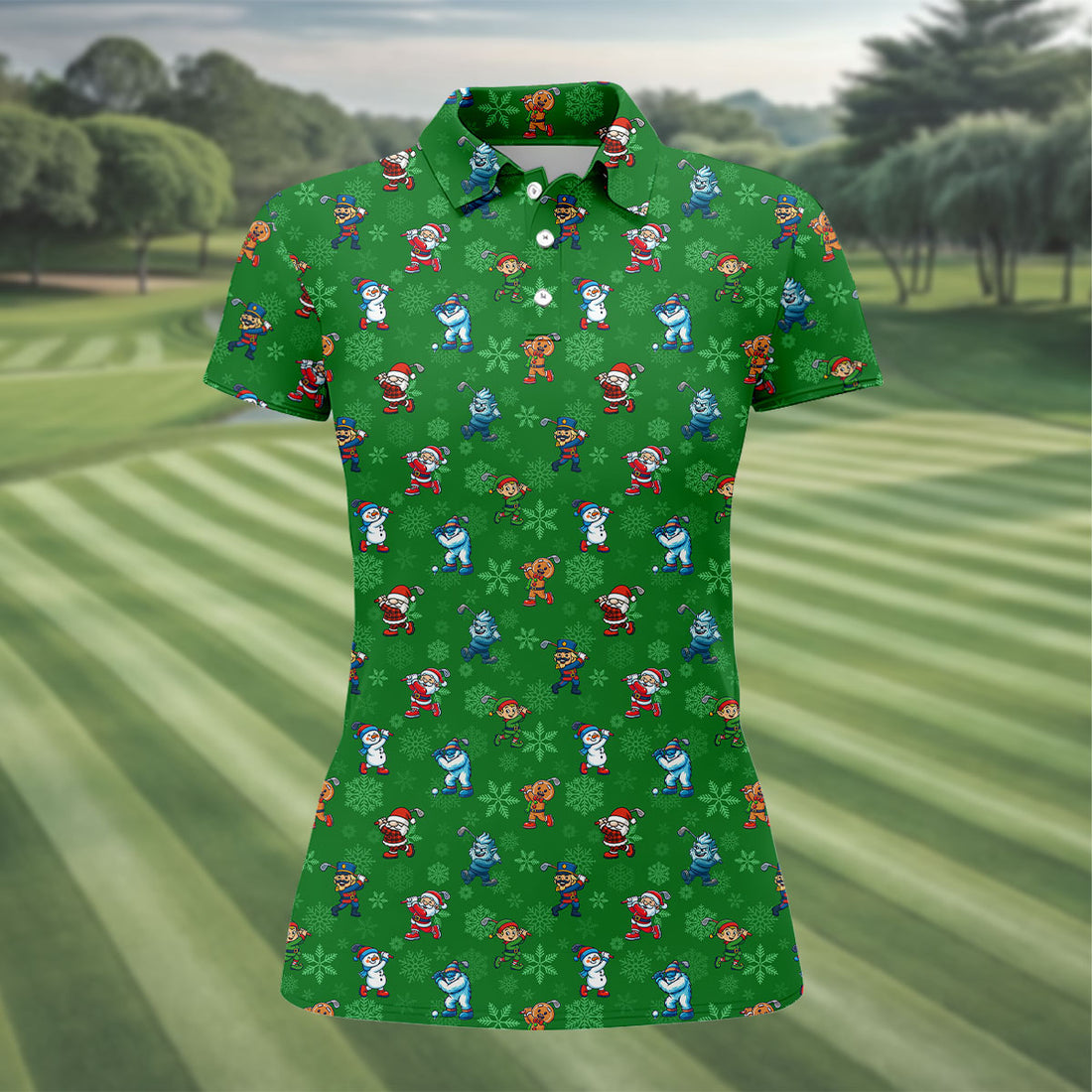 Funny Christmas Characters Golf Pose Green Golf Shirt, Christmas Golf Shirt, Ladies Golf Shirts, Women's Polo Shirt