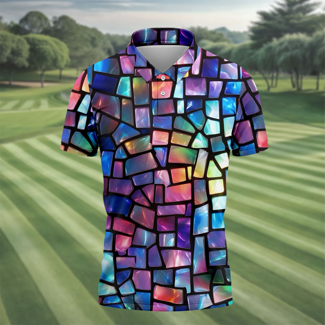 Colorful Stained Glass Mosaic Pattern Golf Shirt, Men's Golf Shirt, Golf Polo Shirts For Men, Mens Golf Apparel