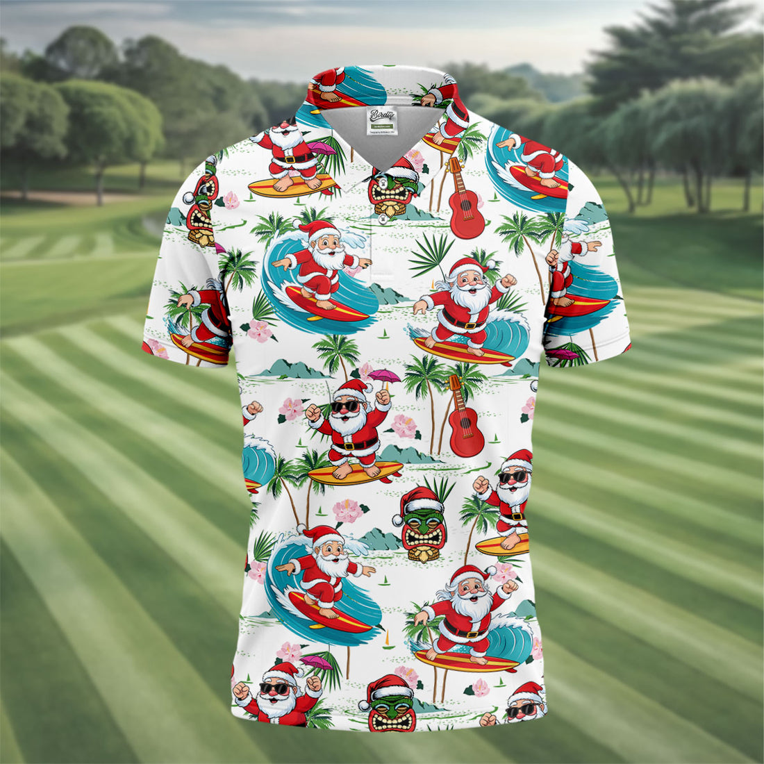 Tropical Christmas Surfing Santa Golf Polo Shirt, Mens Golf Polo, Golf Apparel For Men