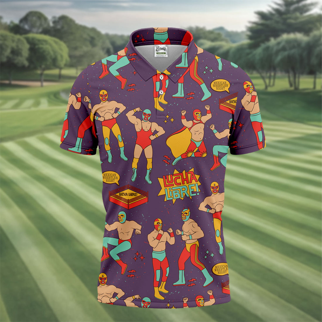 Purple Lucha Libre Mexican Wrestler Pattern Golf Shirt, Men's Golf Shirt, Mens Polo Shirts