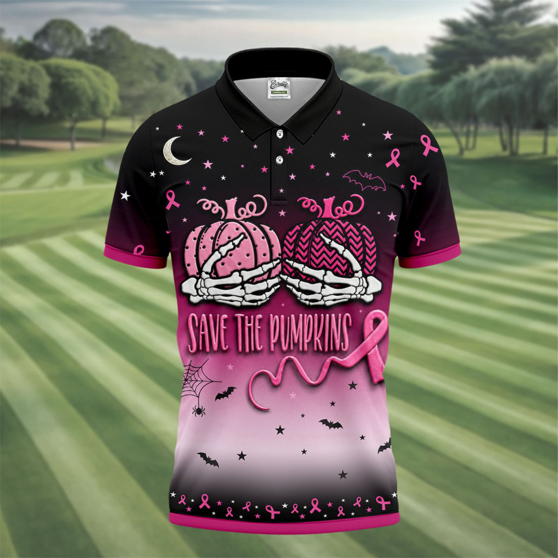 Save The Pumpkins Halloween Breast Cancer Golf Polo Shirt, Golf Apparel For Men