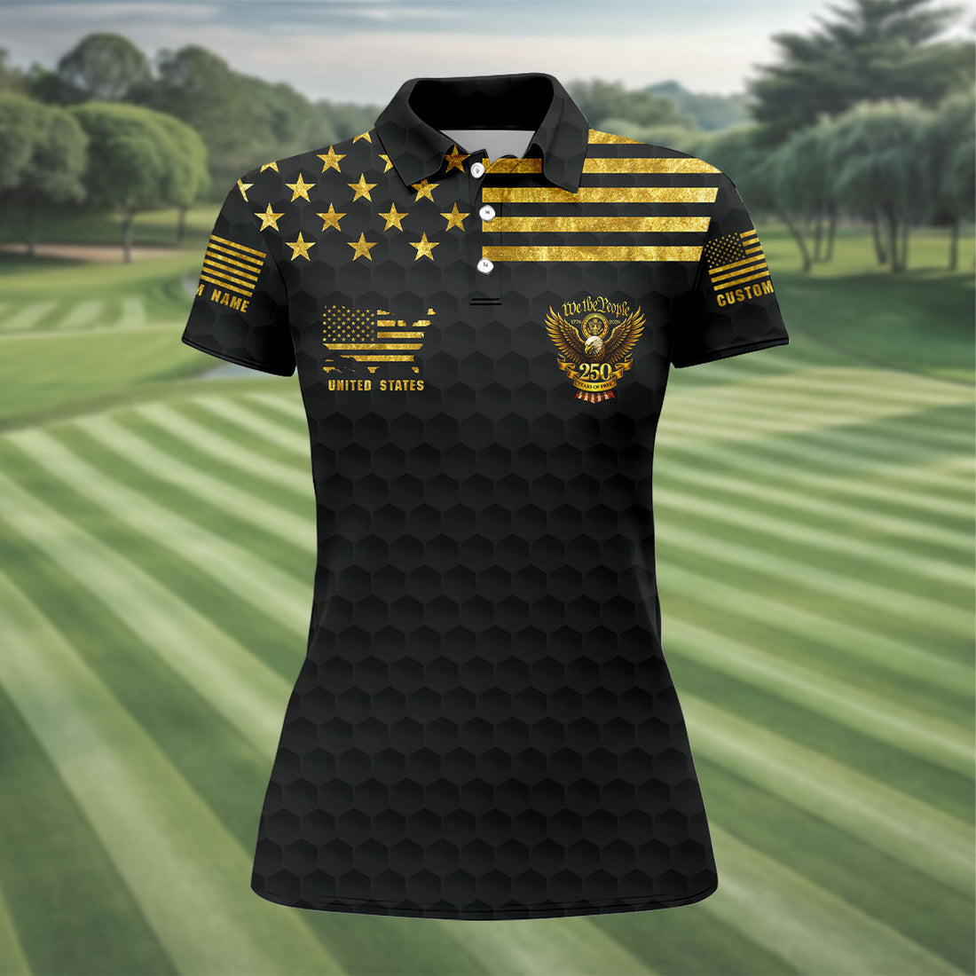 We The People 250 Years Of Free Black And Gold 4th Of July Golf Shirt, Women's Golf Tops