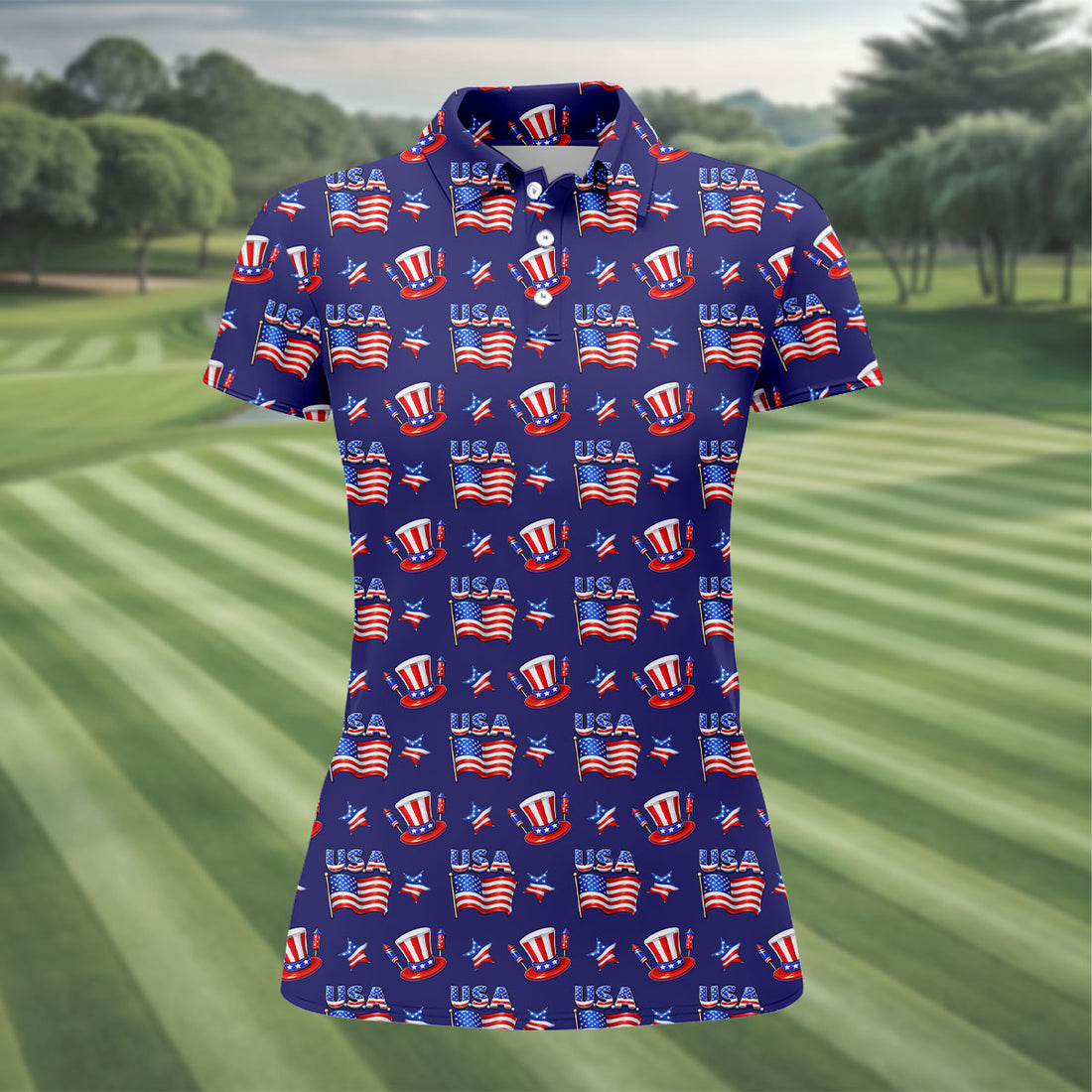 Waving Flags Uncle Sam Hats Seamless Pattern 250th Anniversary Golf Shirt For Women, Patriotic Golf Shirt