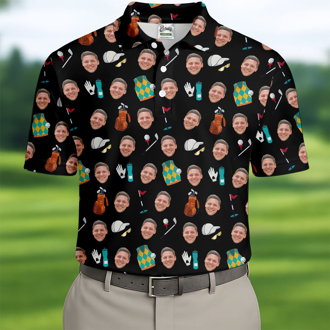 Black Custom Photo Golf Icons Polo Shirt, Polo Shirts For Men, Printed Golf Shirts