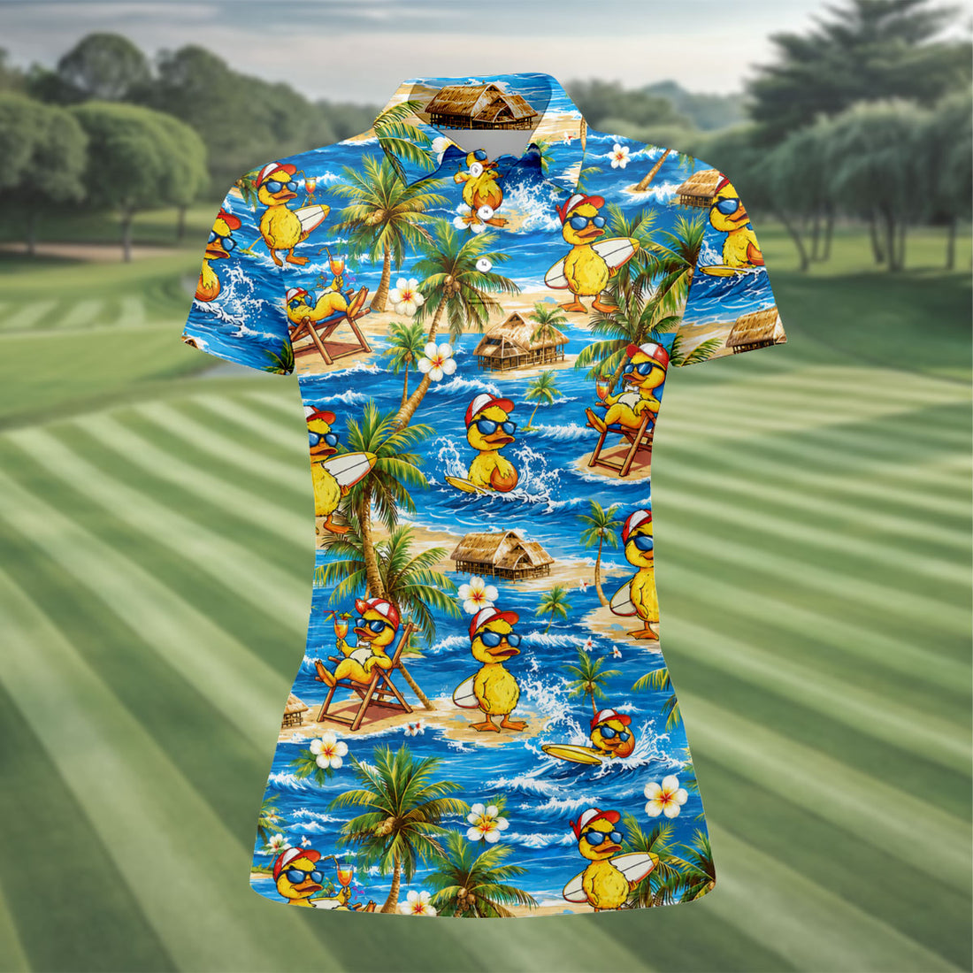Yellow Rubber Duck Beach Theme Hawaiian Golf Shirt, Women's Golf Tops, Ladies Golf Shirts