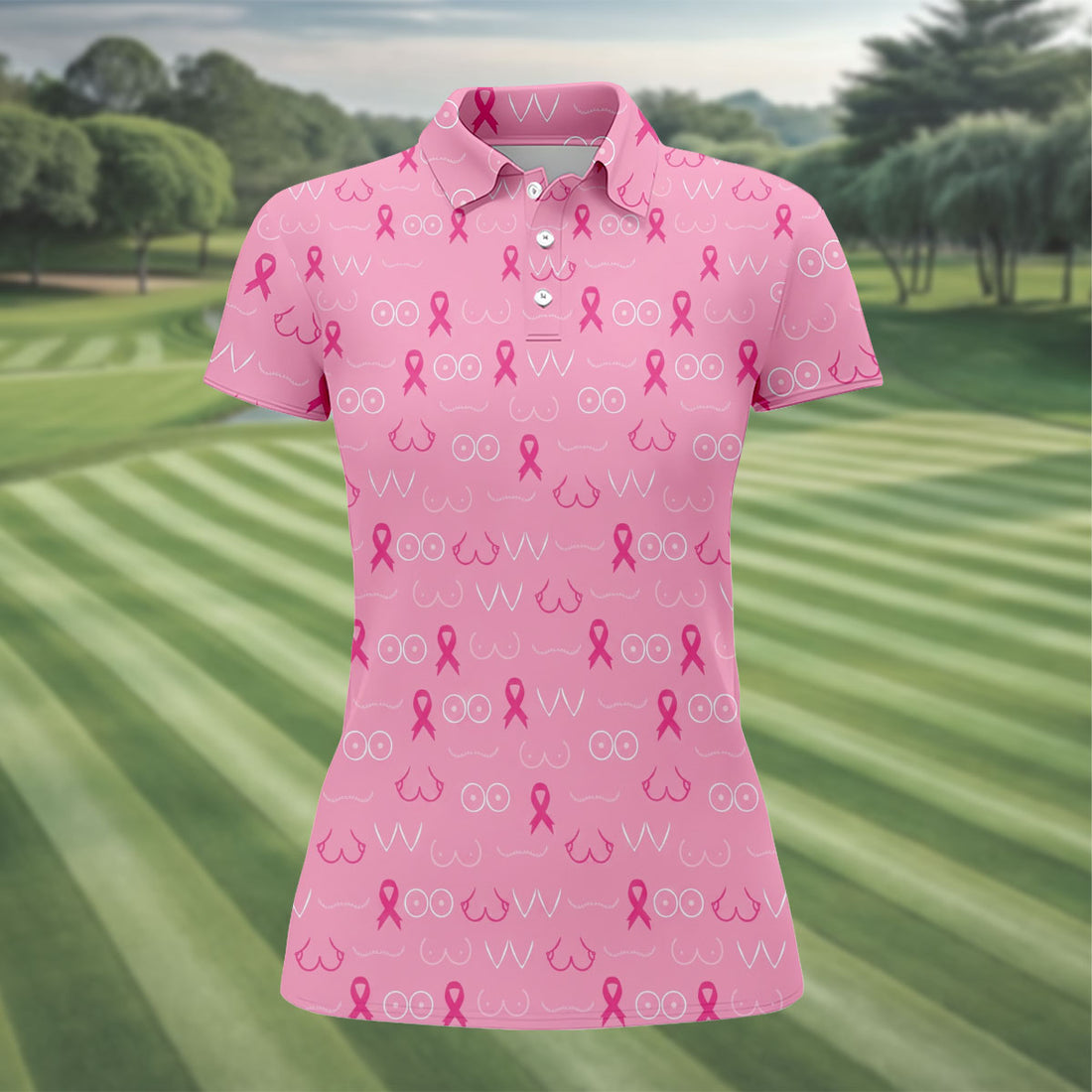 Pink Breast Line Art Breast Cancer Polo Shirt, Women’s Golf Polo, Ladies Golf Shirts