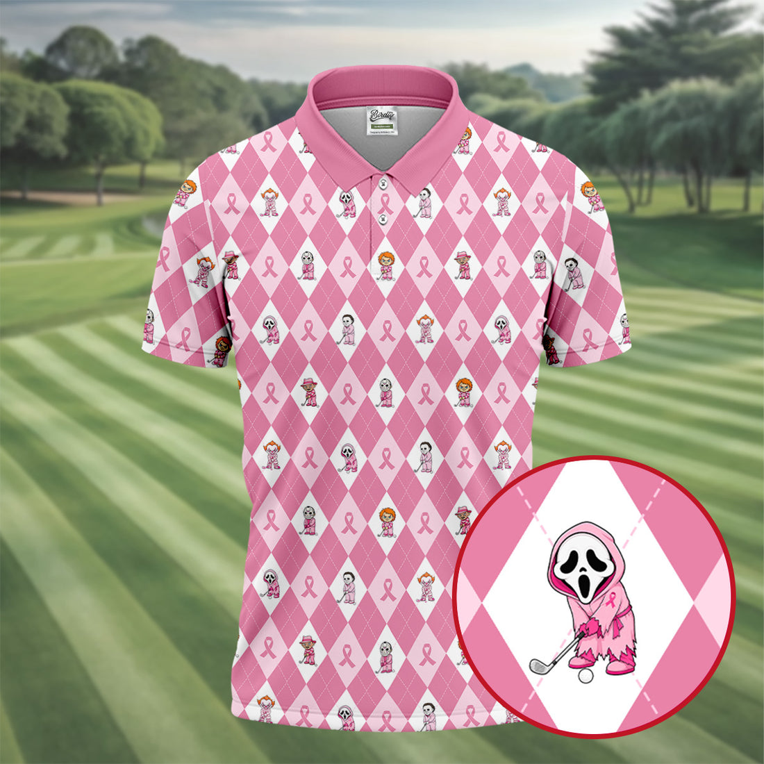 Pink Argyle Horror Character Breast Cancer Polo Shirt, Golf Shirts For Men, Mens Golf Shirts