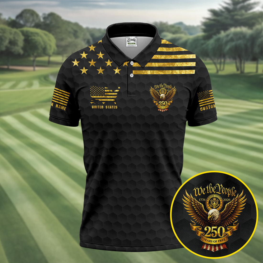 We The People 250 Years Of Free Black And Gold 4th Of July Golf Shirt, Golf Shirts For Men