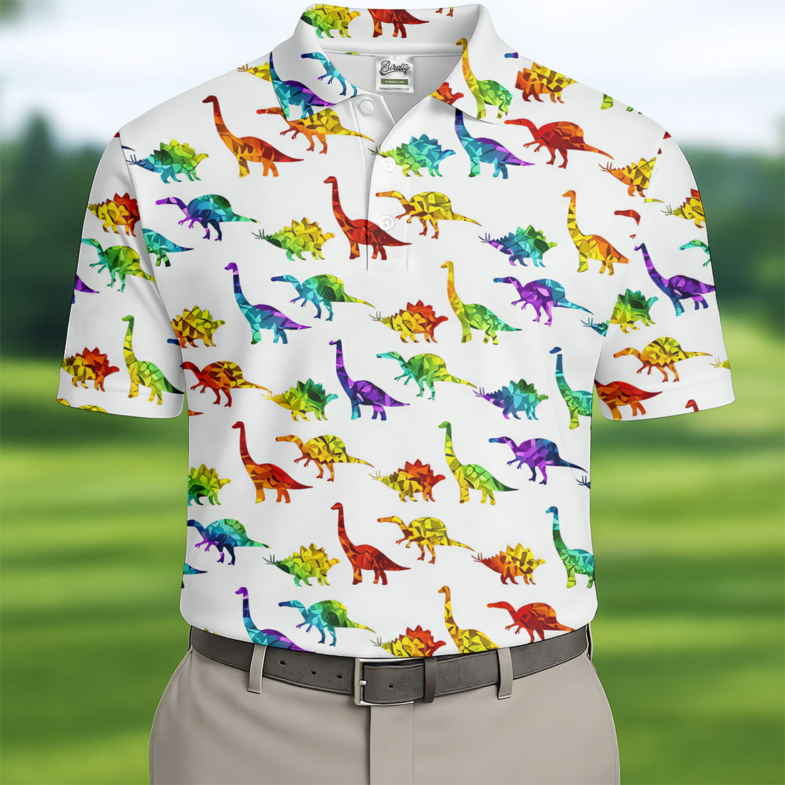 Colorful Dinosaur White Golf Shirt, Golf Tops For Men, Golf Shirts For Men, Polo Shirts For Men
