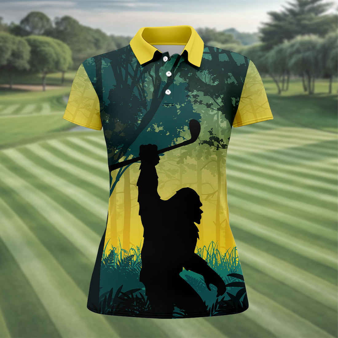 Bigfoot Golfer Forest Silhouette Polo Shirt, Golf Polo Shirts For Men, Mens Golf Apparel