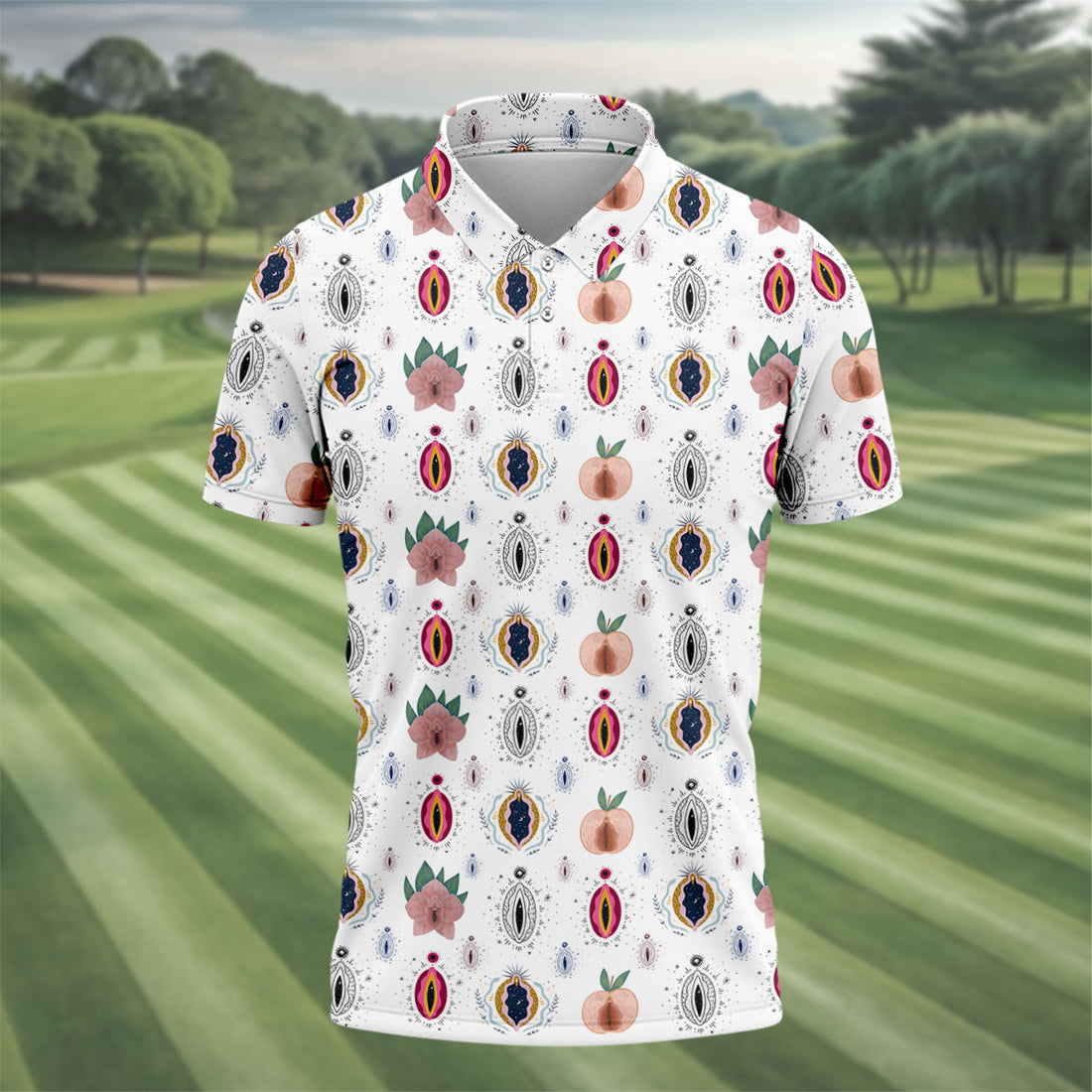 Abstract Peach Botanical Pattern Golf Shirt, Mens Golf Polo, Golf Apparel For Men