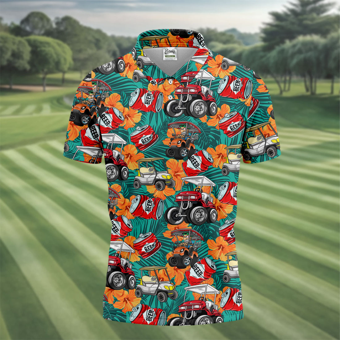 Beer Cart Golf Hawaiian Golf Shirt, Tropical Floral Men's Golf Shirt, Polo Shirts For Men