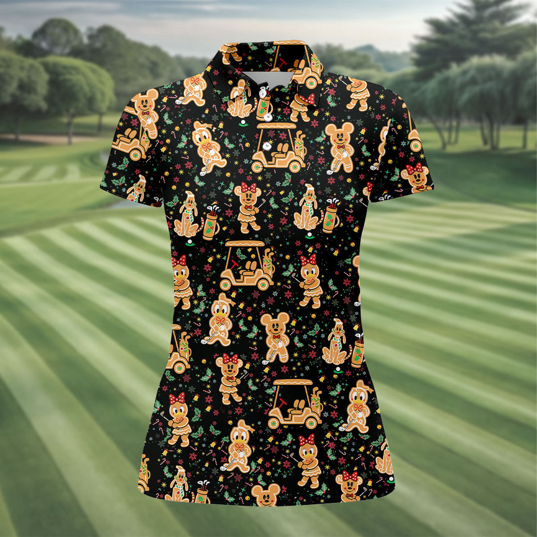 Cartoon Gingerbread Black Golf Shirt, Christmas Golf Shirt, Ladies Golf Shirts, Women's Polo Shirt