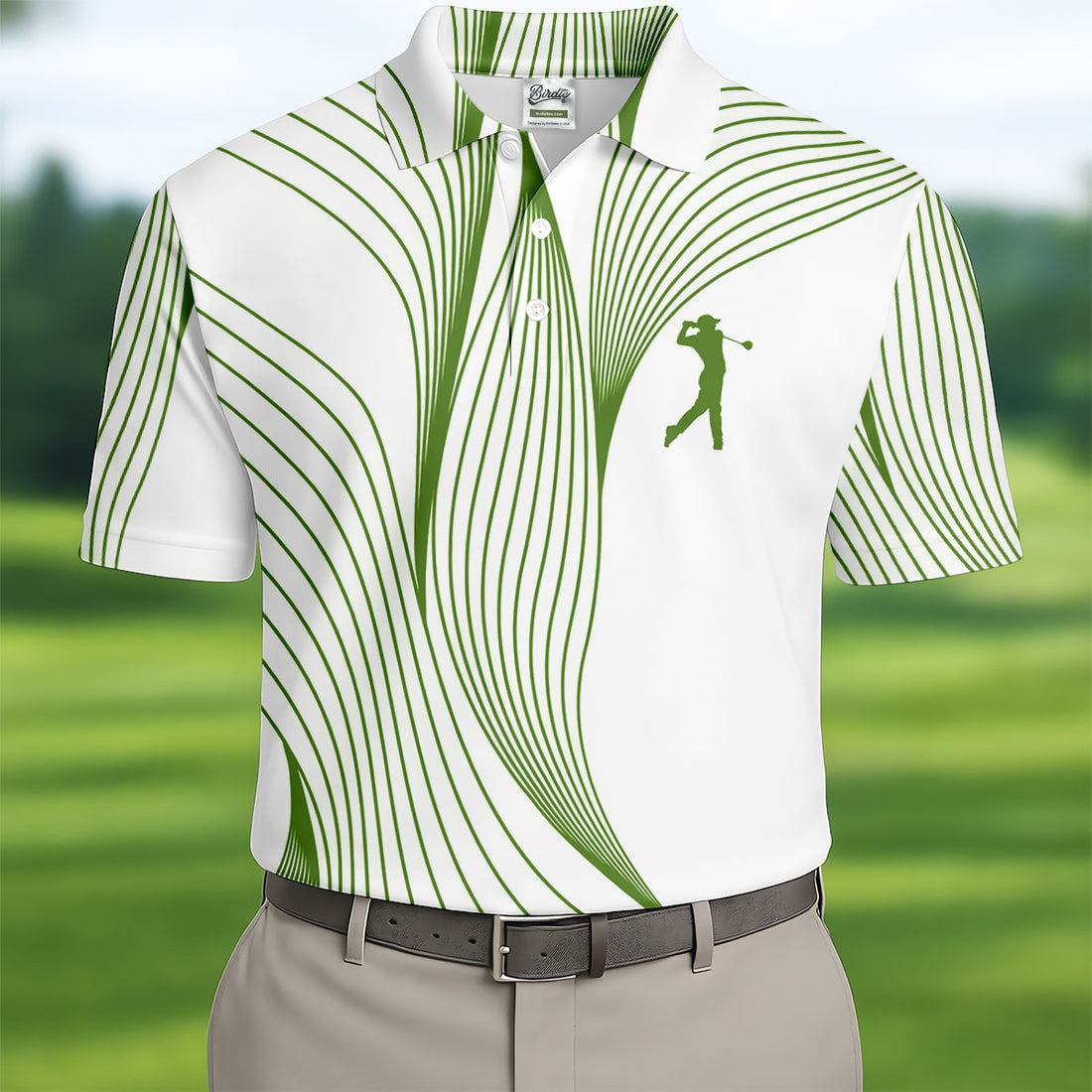 Geometric Line Wavy Line Green And White Golf Shirts For Men, Men's Golf Shirt, Polo Shirts For Men