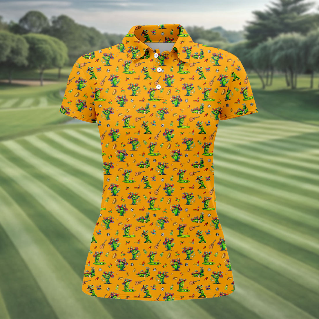 Cartoon Mustach Funny Cactus Cinco De Mayo Celebration Fiesta Themed Orange Golf Shirt For Women