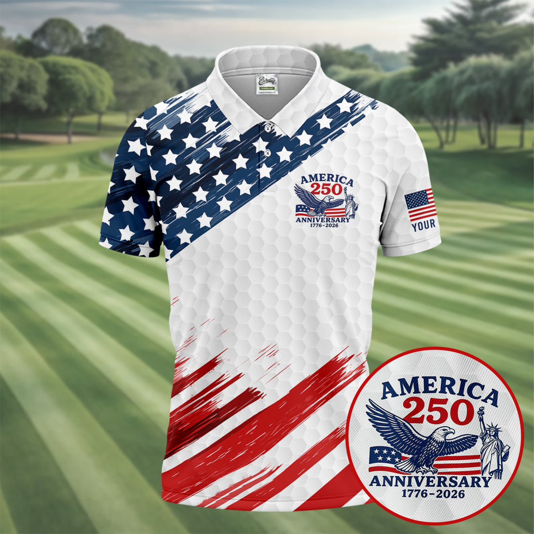 250th Anniversary Golf Ball Pattern Bald Eagle Logo 4th Of July Golf Shirt, Patriotic Golf Shirt, Polo For Men