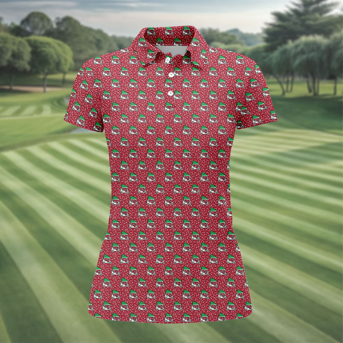 Christmas Golf Cart Pattern Red Women's Golf Tops, Christmas Golf Shirt, Polo Shirts For Women