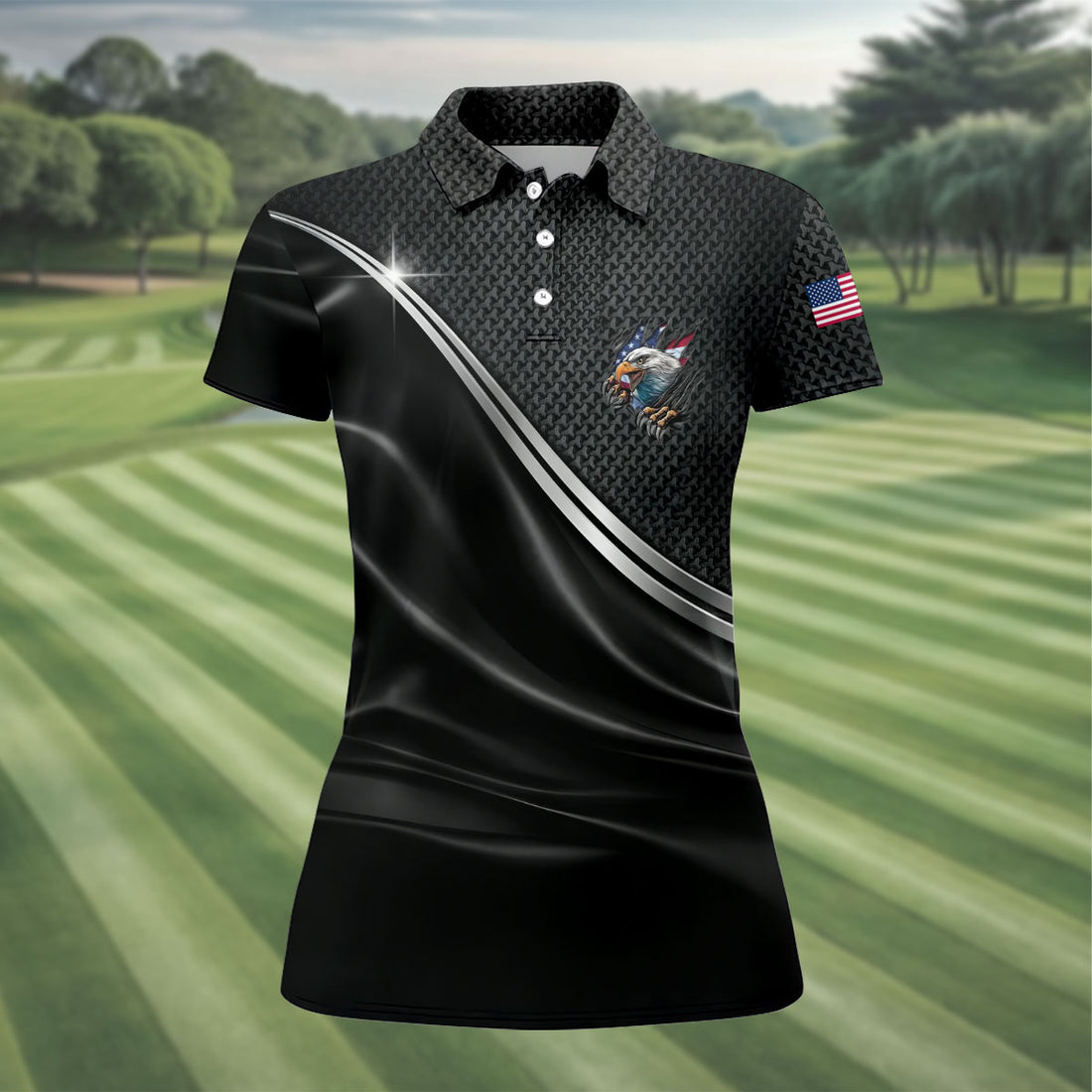 US Bald Eagle Flag Ripped Effect Patriotic Black Golf Shirt, 250 Years 4th Of July Golf Shirt For Women