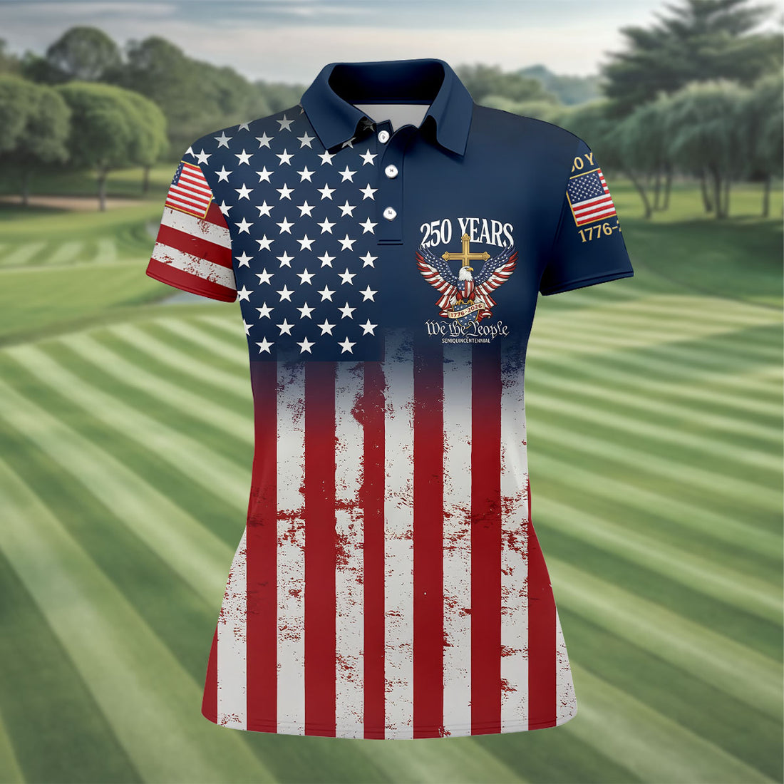 250 Years We The People Bald Eagle US Flag Cross Faith Golf Shirt For Women, Patriotic Golf Shirt
