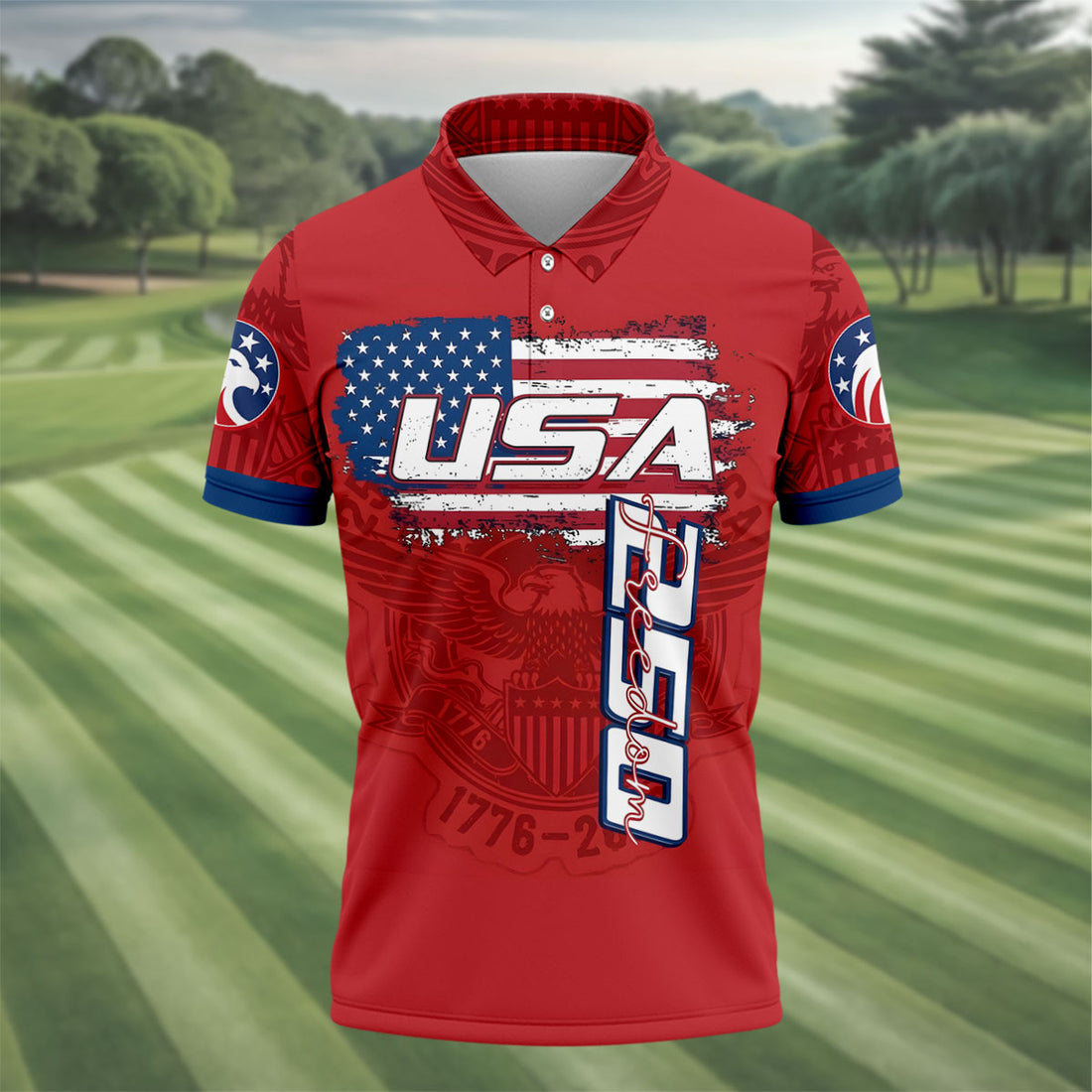 USA 250 Freedom Flag And Bald Eagle Golf Tops For Men, Patriotic 4th Of July Golf Shirts For Men