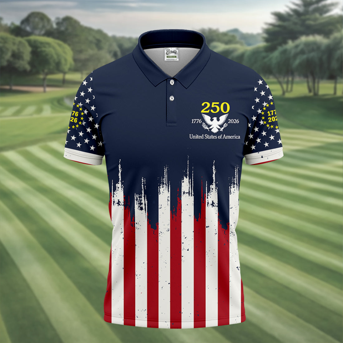 Splatter Painted American Flag Pattern Golf Tops For Men, 250th Anniversary Patriotic Golf Shirt