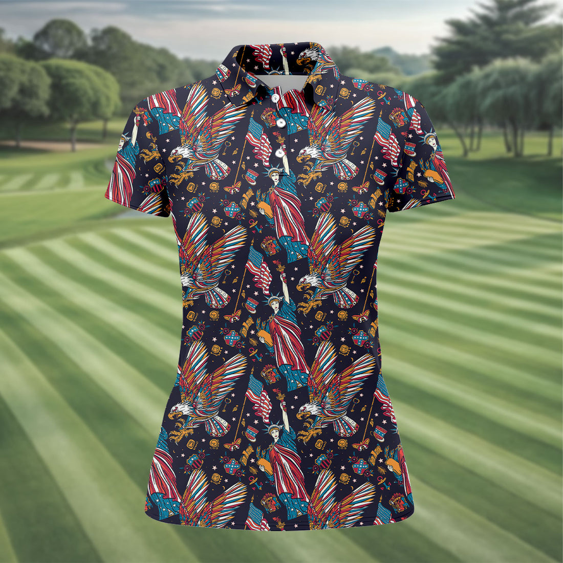 Patriotic American Eagle With Flag Statue Of Liberty Pattern 250th Anniversary Golf Shirt For Women