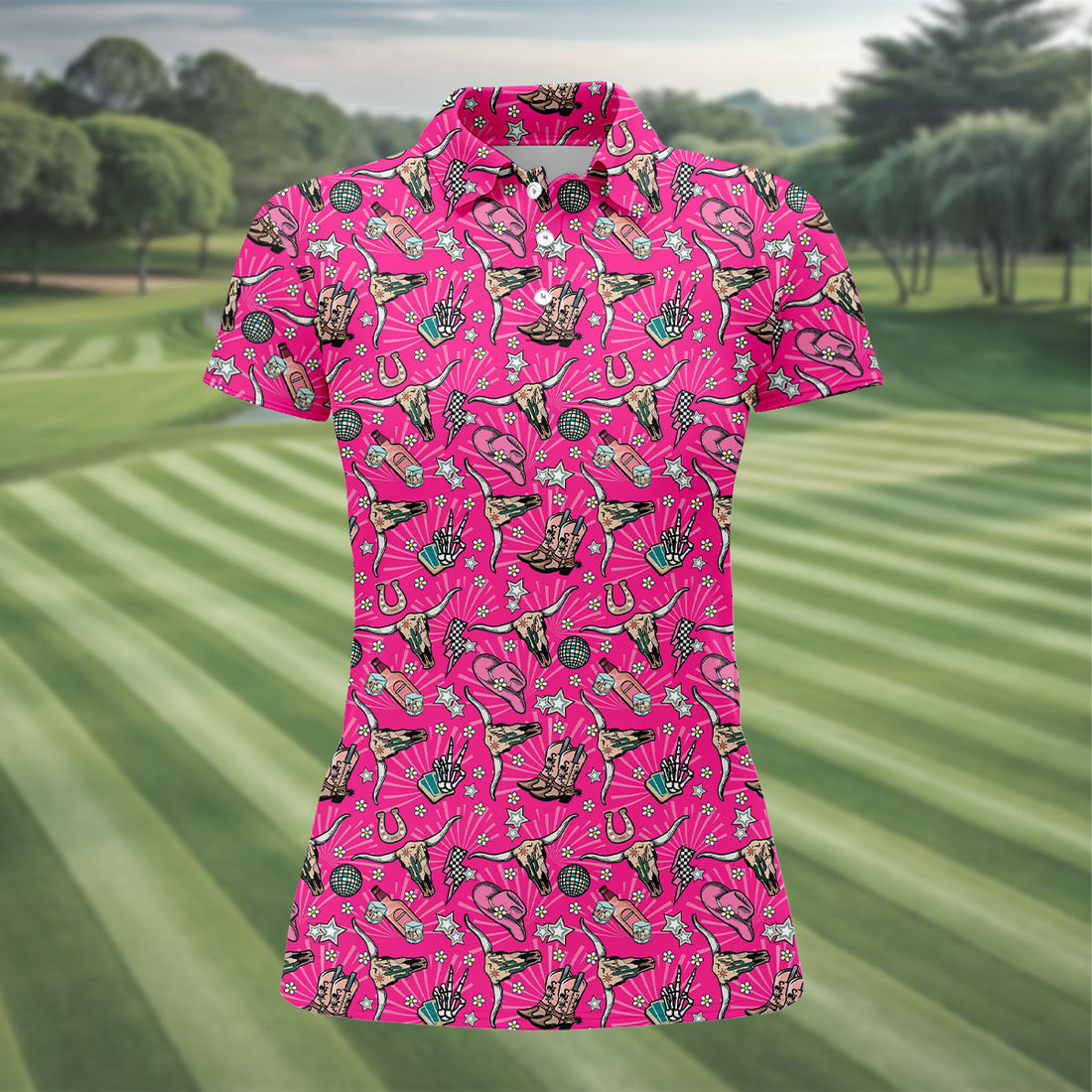 Pink Western Cowgirl Pattern Golf Polo Shirt, Ladies Golf Shirt, Hawaiian Golf Shirt