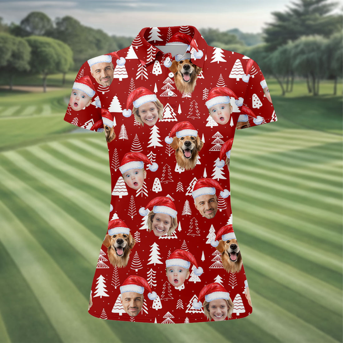Custom Face Snow Pine Tree Red Golf Shirt, Christmas Golf Shirt, Women's Golf Tops, Golf Gift For Ladies