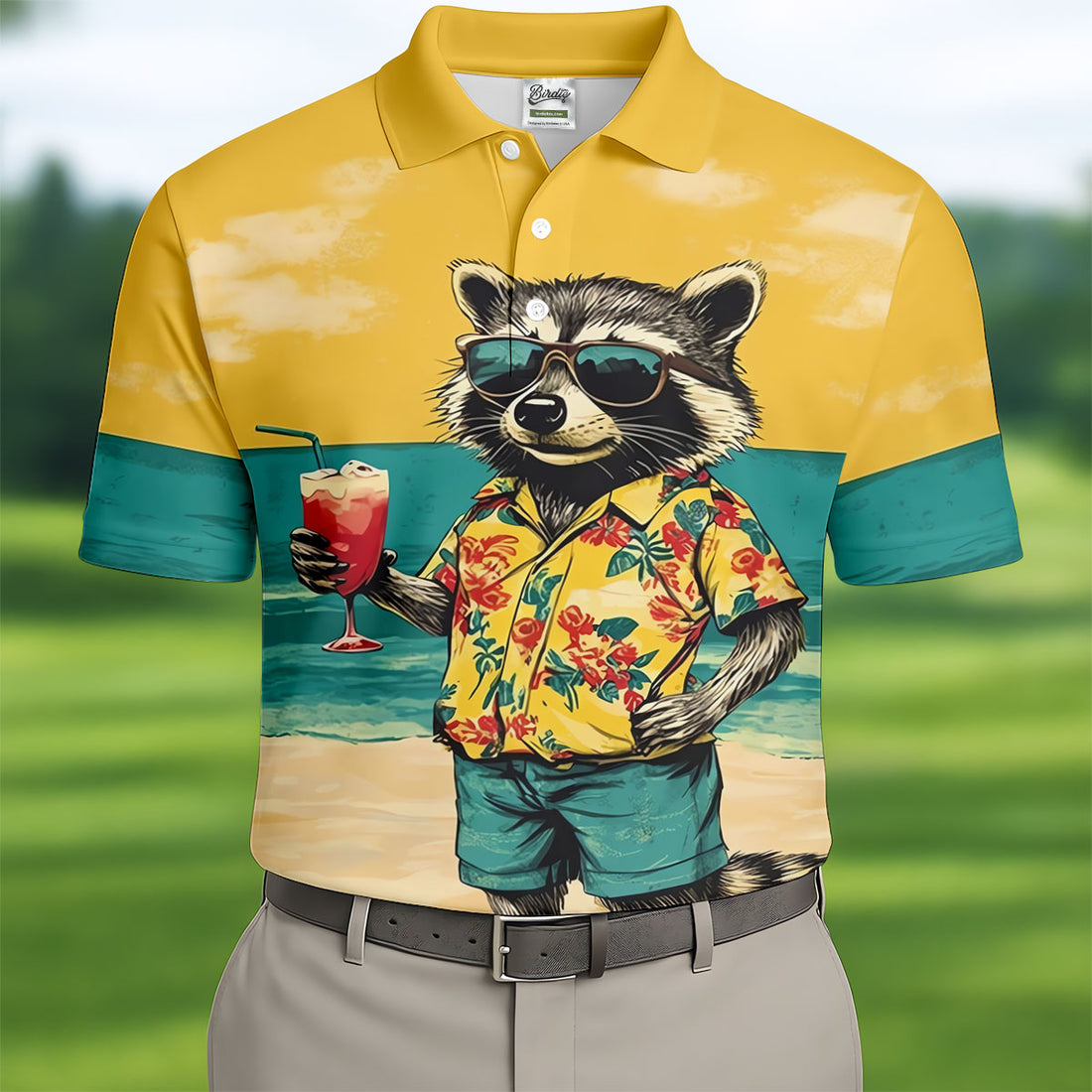 Cool Raccoon Tropical Yellow Hawaiian Golf Polo, Golf Tops For Men, Golfing Apparel