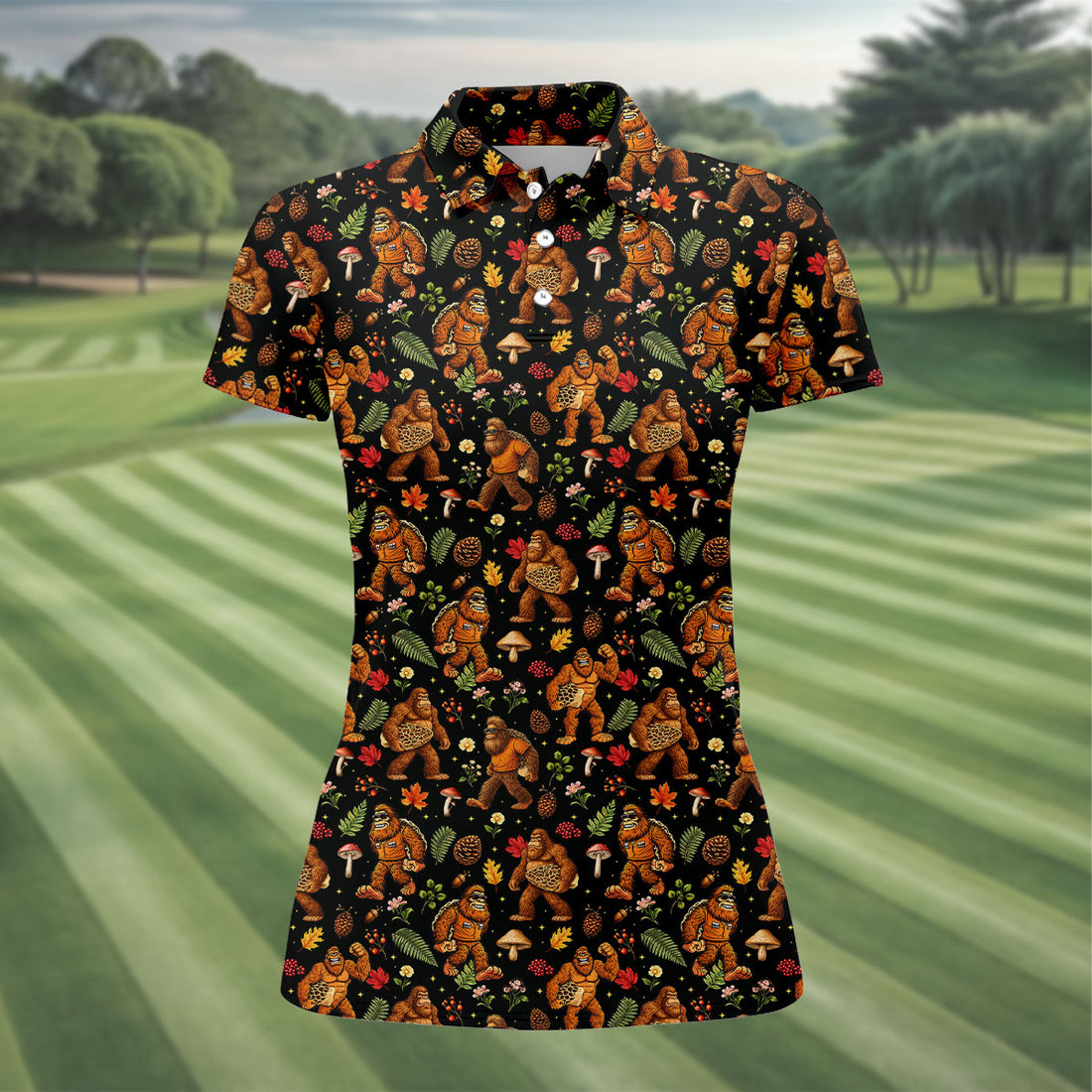 Autumn Bigfoot Forest Pattern Polo Shirt, Women’s Golf Apparel, Golf Tops For Women