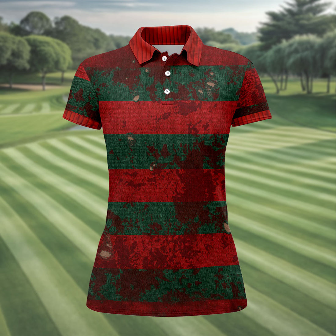 Distressed Red Green Horror Knit Golf Polo Shirt, Ladies Golf Tops, Golf Shirts For Women