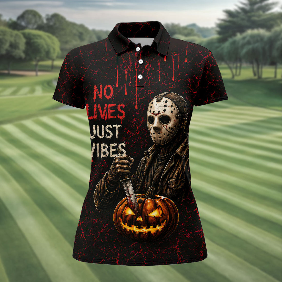 No Lives Just Vibes Halloween Horror Character Shirt, Golf Shirts For Women, Printed Golf Shirt