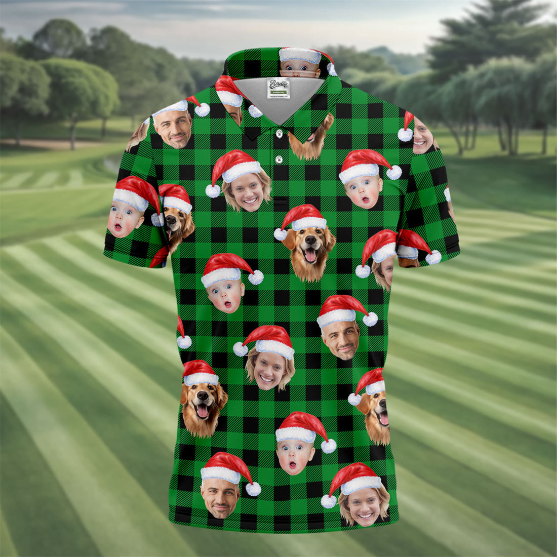 Custom Face Green Buffalo Plaid Christmas Golf Shirt, Golf Gift For Men, Golf Shirts For Men