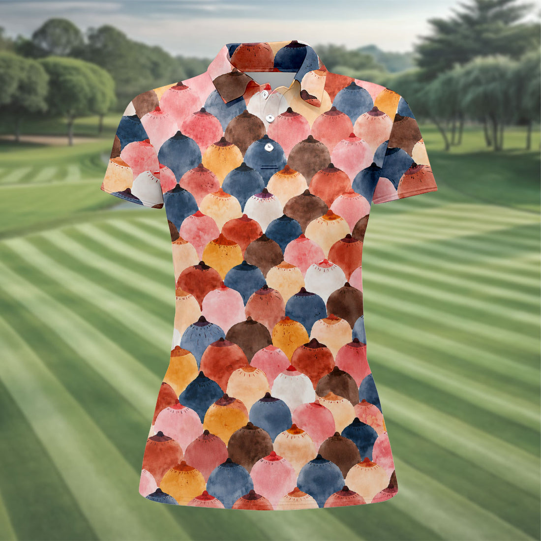 Colorful Watercolor Shell Pattern Golf Shirt, Ladies Golf Tops, Hawaiian Golf Shirt, Golf Tops For Women