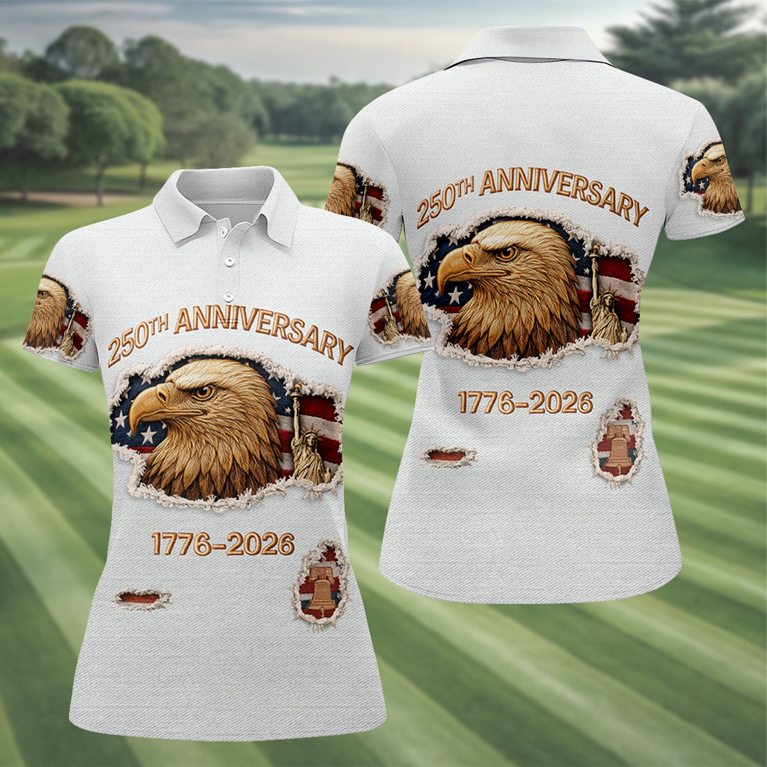 250th Anniversary 1776-2026 American Flag And Eagle Women's Golf Tops, Patriotic Golf Shirt, Ladies Golf Shirts