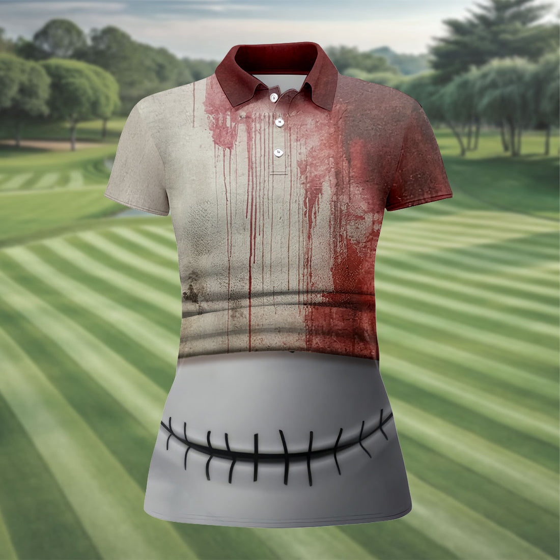 Stitched Skull Horror Character Halloween Polo Shirt, Women's Golf Tops, Ladies Golf Top