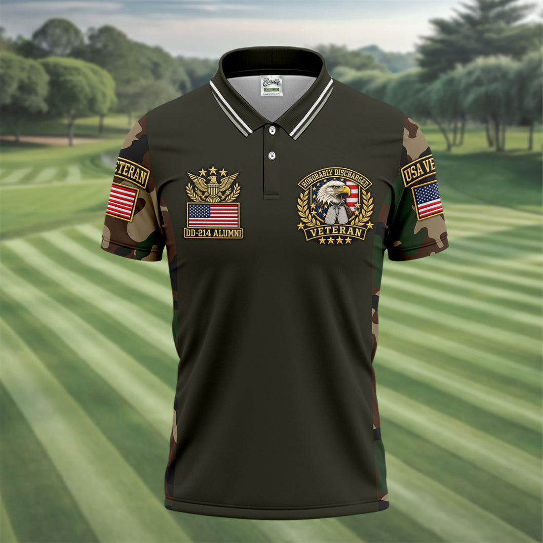 DD-214 Eagle Badge Olive Camo Polo Shirt, Men Golf Apparel, Veterans Day Golf Shirt
