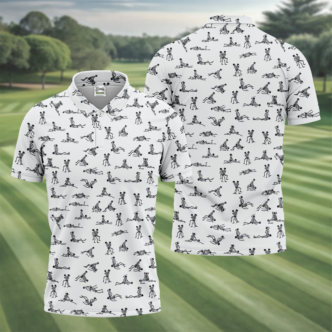 White Funny Skeleton Adult Position Golf Shirt, Halloween Gift Idea, Fun Golf Shirts For Men, Polo For Men