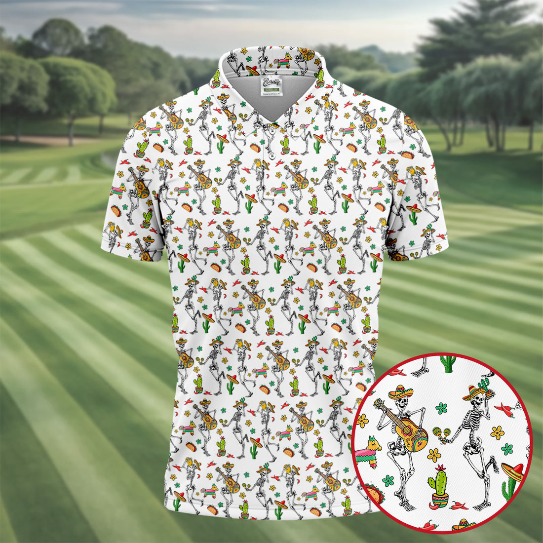 Dia De Muertos Skeletons Cinco De Mayo Celebration Fiesta Themed White Golf Shirts For Men