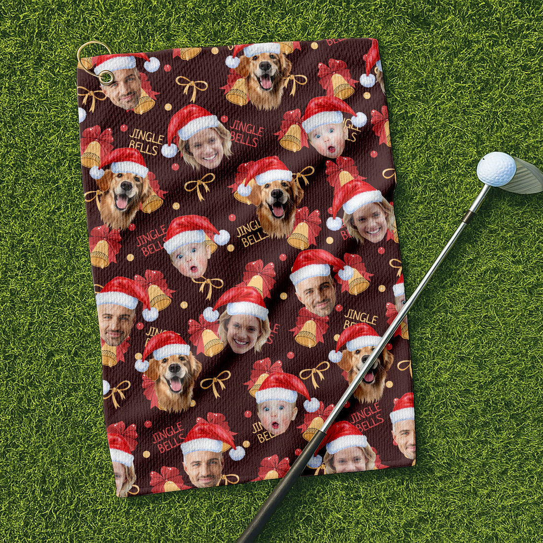 Custom Face Christmas Jingle Bells Brown Golf Towels, Christmas Golf Gift, Custom Golf Accessories