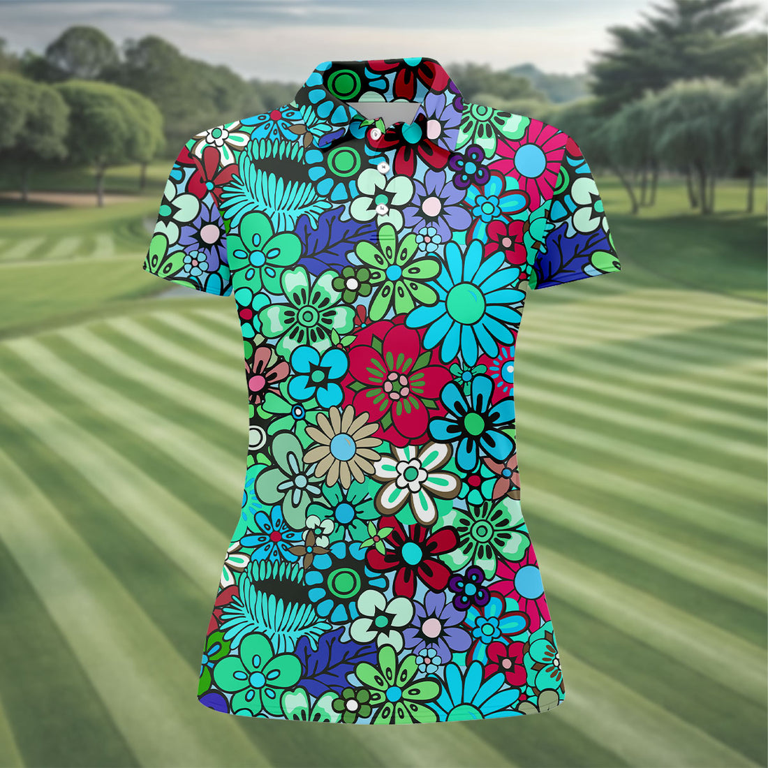 Blue Green Retro Flower Power Golf Shirt, Women’s Golf Polo, Hawaiian Golf Shirt, Golf Tops For Women